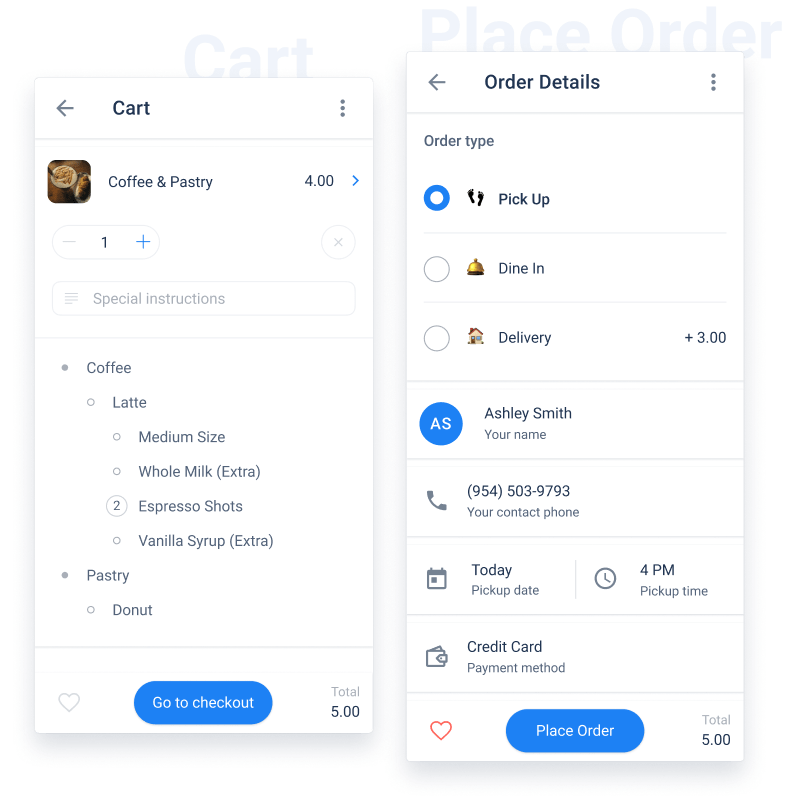 Shopping cart feature with item breakdown.
Order details screen with customer’s contact, payment info.