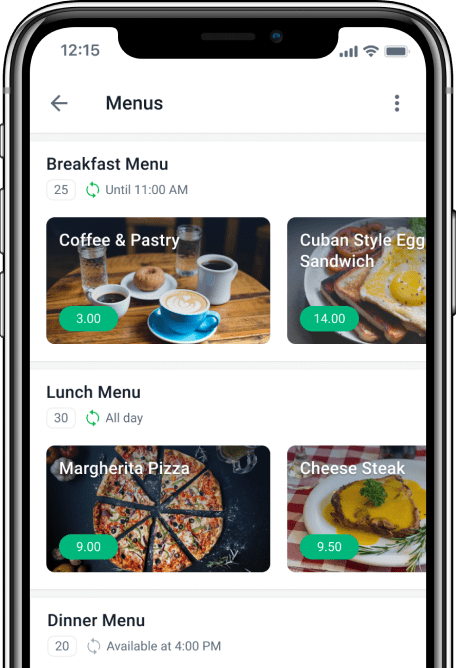 Mobile phone screen showing lunch menu with pizza image, and detailed lunch
items with thumbnails.
