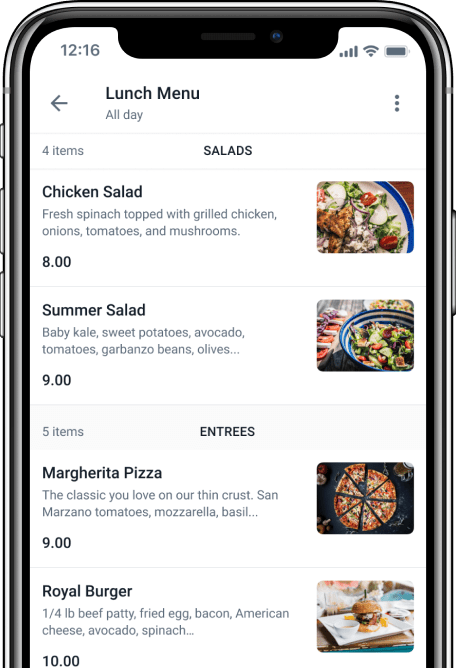 Mobile phone screen showing lunch menu with pizza image, and detailed lunch
items with thumbnails.