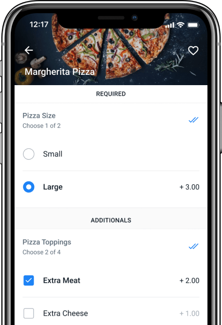 Mobile phone screen showing lunch menu with pizza image, and detailed lunch
items with thumbnails.