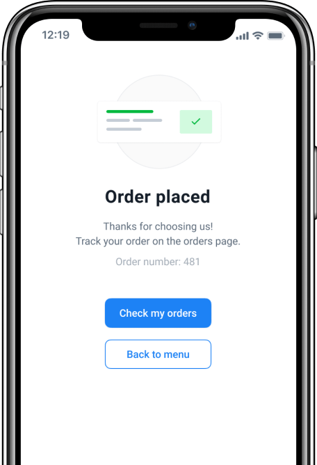 Mobile phone screen showing lunch menu with pizza image, and detailed lunch
items with thumbnails.