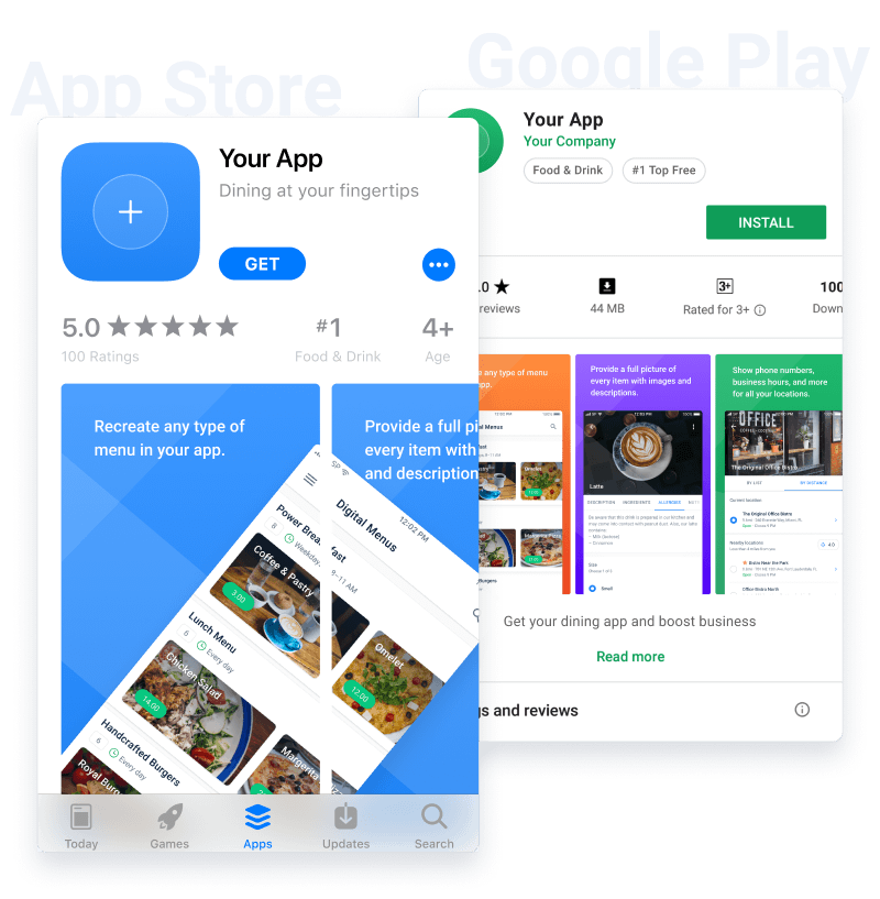 Mobile phone screens showing restaurant’s app page in App Store and Google Play.
