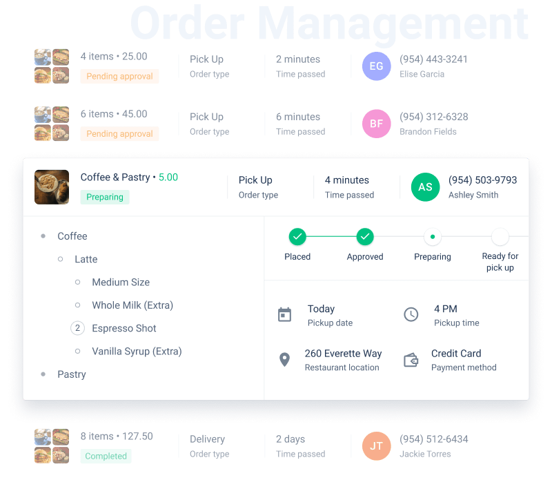 Shopping cart feature with item breakdown.
Order details screen with customer’s contact, payment info.